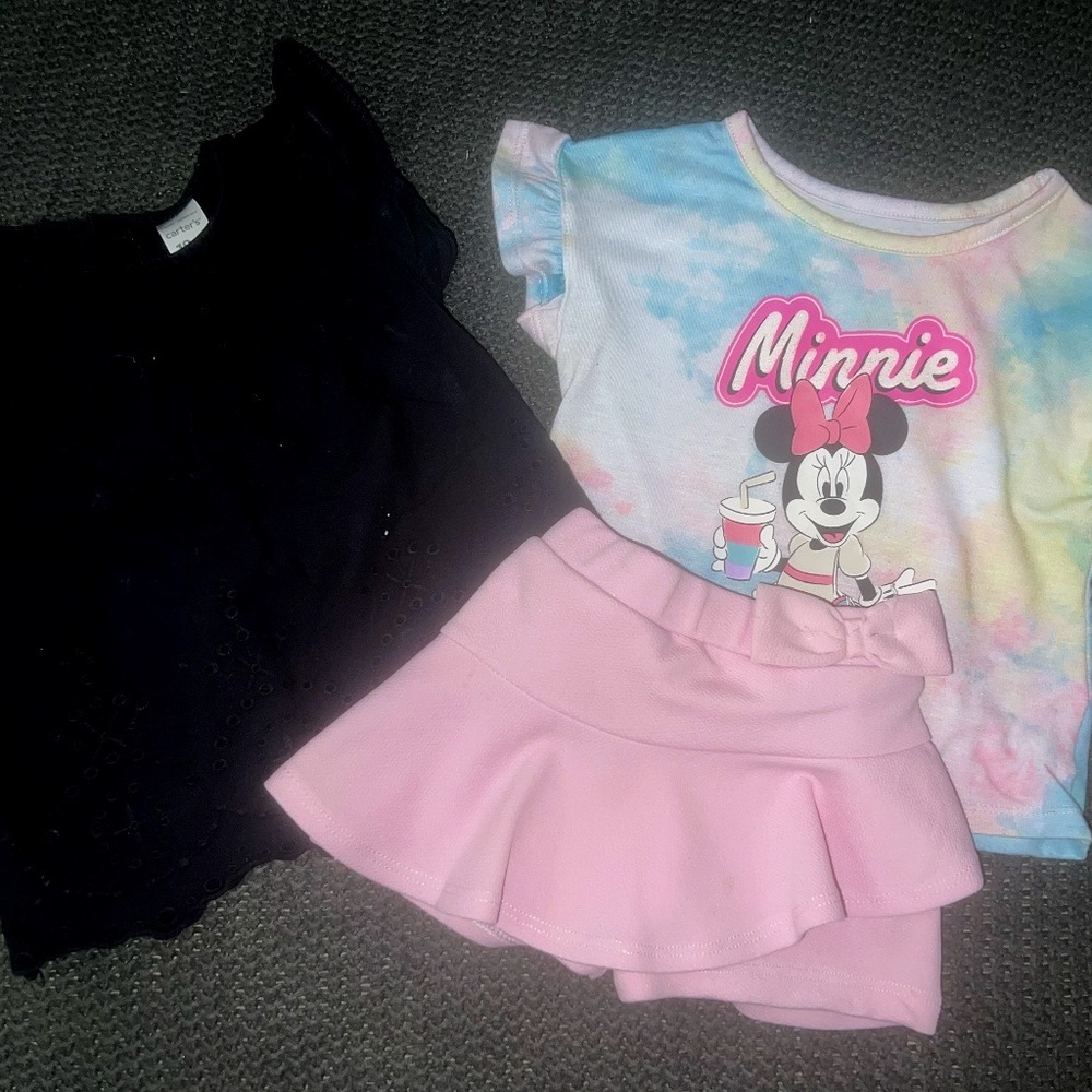 Disney Minnie Mouse Skort w Shirt Outfit & Black Embroidered Blouse- 18 months